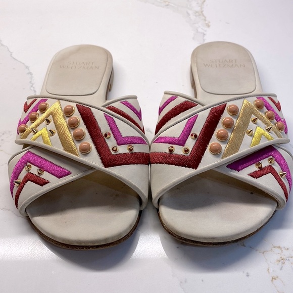Stuart Weitzman White Leather Strappy Embroidered Mod Spike Sandals Shoe - Picture 2 of 8